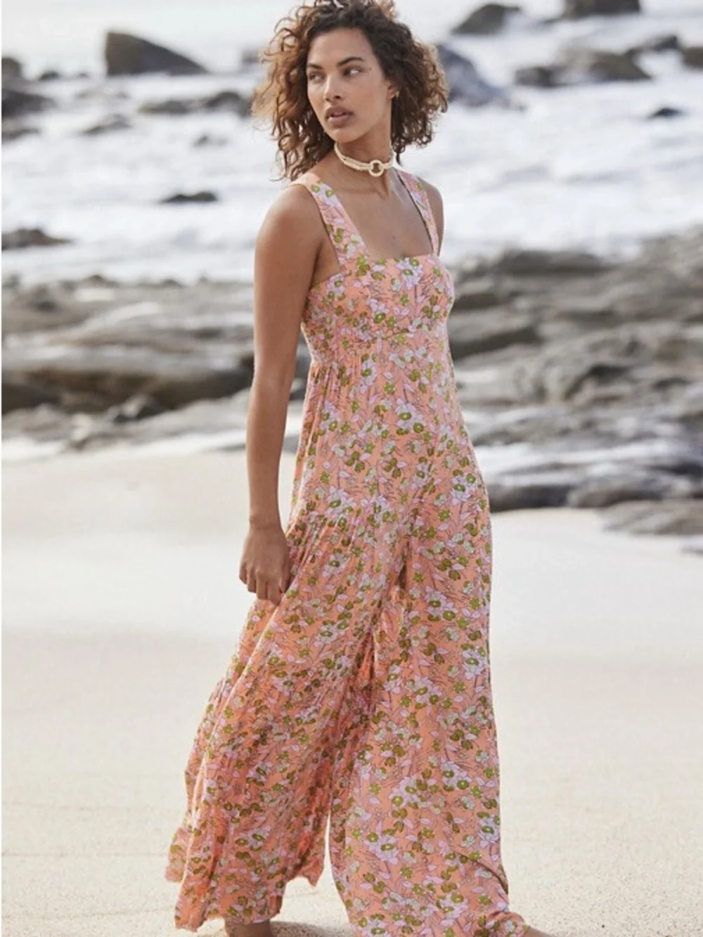 NWT Free People FP One Aloha One Piece Printed Wide Leg Jumpsuit Coral XS